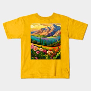 Stained Glass Colorful Mountain Meadow Kids T-Shirt